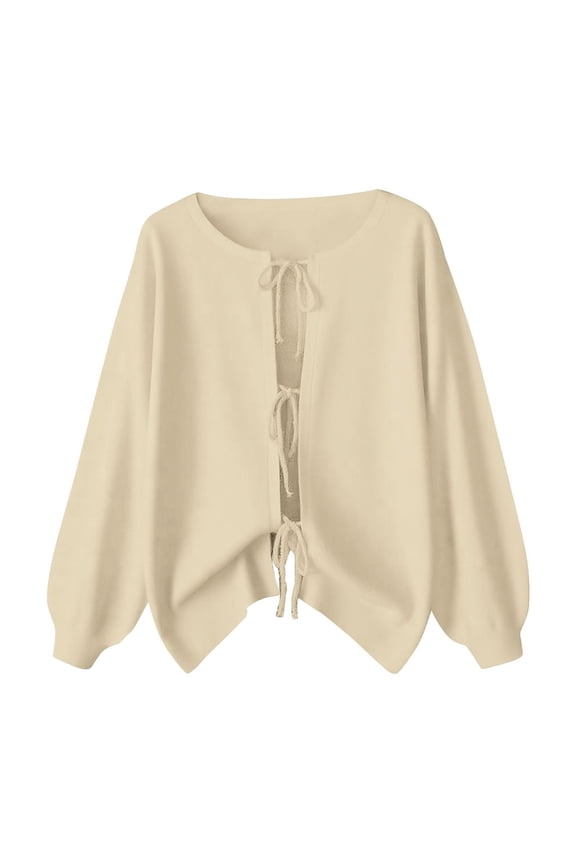 Womens Going Out Tops Cute Tie Front Tops Bell Long Sleeve Bow Shirts Summer Blouses Beige