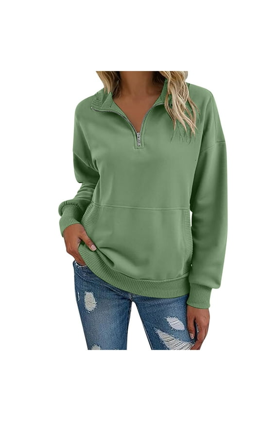 Womens Half Zip Sweatshirt Fall Loose High Neck Pullover Tops Green XXXL(XXXL)