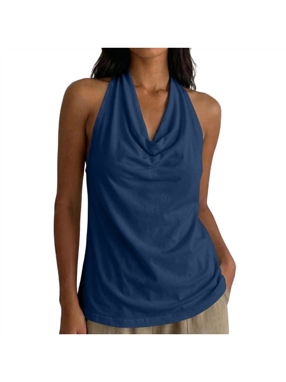 Womens Halter Neck Tank Tops Backless Cowl Neck Sleeveless Vests Summer Lightweight Y2K Going Out T Shirts Beach Vacation Outfits Navy