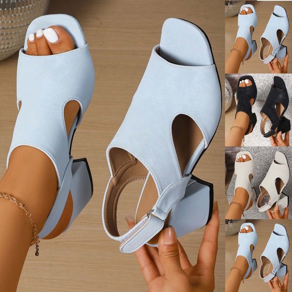 Miluxas Womens Heeled Sandals, Peep Toe Mid Block Heel Slingback Sandals for Women, Leather Insole Chunky Heel Sandals Sky Blue 9.5(43)
