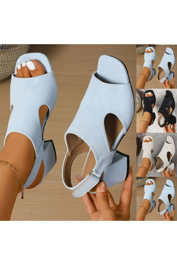 Womens Heeled Sandals, Peep Toe Mid Block Heel Slingback Sandals for Women, Leather Insole Chunky Heel Sandals Sky Blue 9.5(43)
