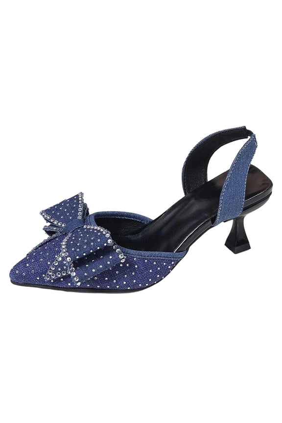 Womens High Heels Bag Toe Rhinestone Bow Thin Heel Pointed Toe Wedding Dress Shoes Dark Blue 5.5(36)