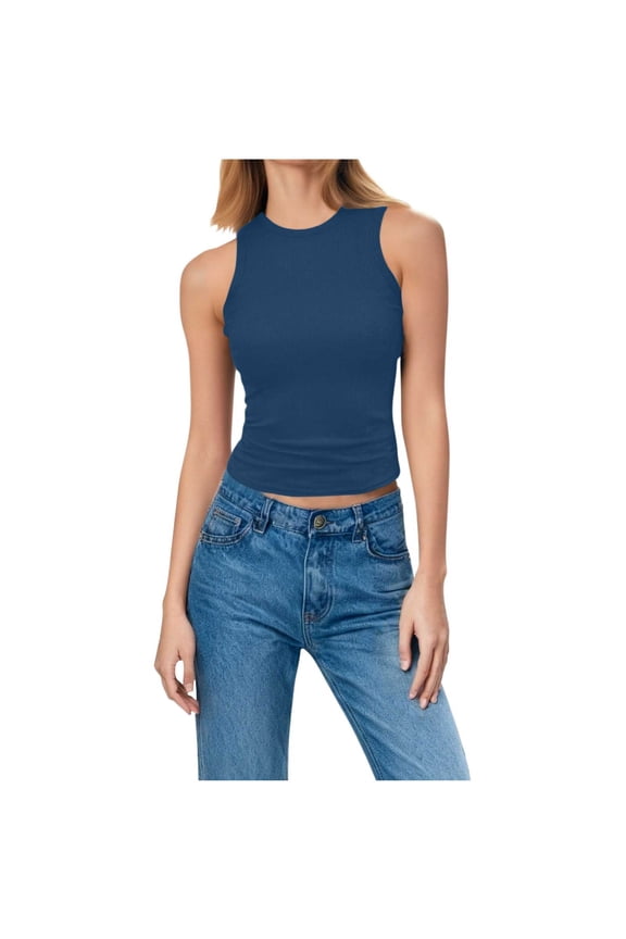 Womens High Neck Tank Tops Stretchy Sleeveless Rib Knit Slim Fit Basic Tee Shirts Trendy Summer Outfits Blue S(S)