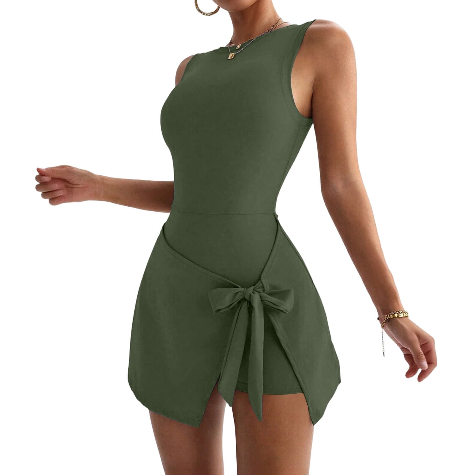 Miluxas Womens High Neck Tennis Dress Sleeveless Wrap Skirt Built in Shorts Golf Athletic Dress Workout Rompers Army Green