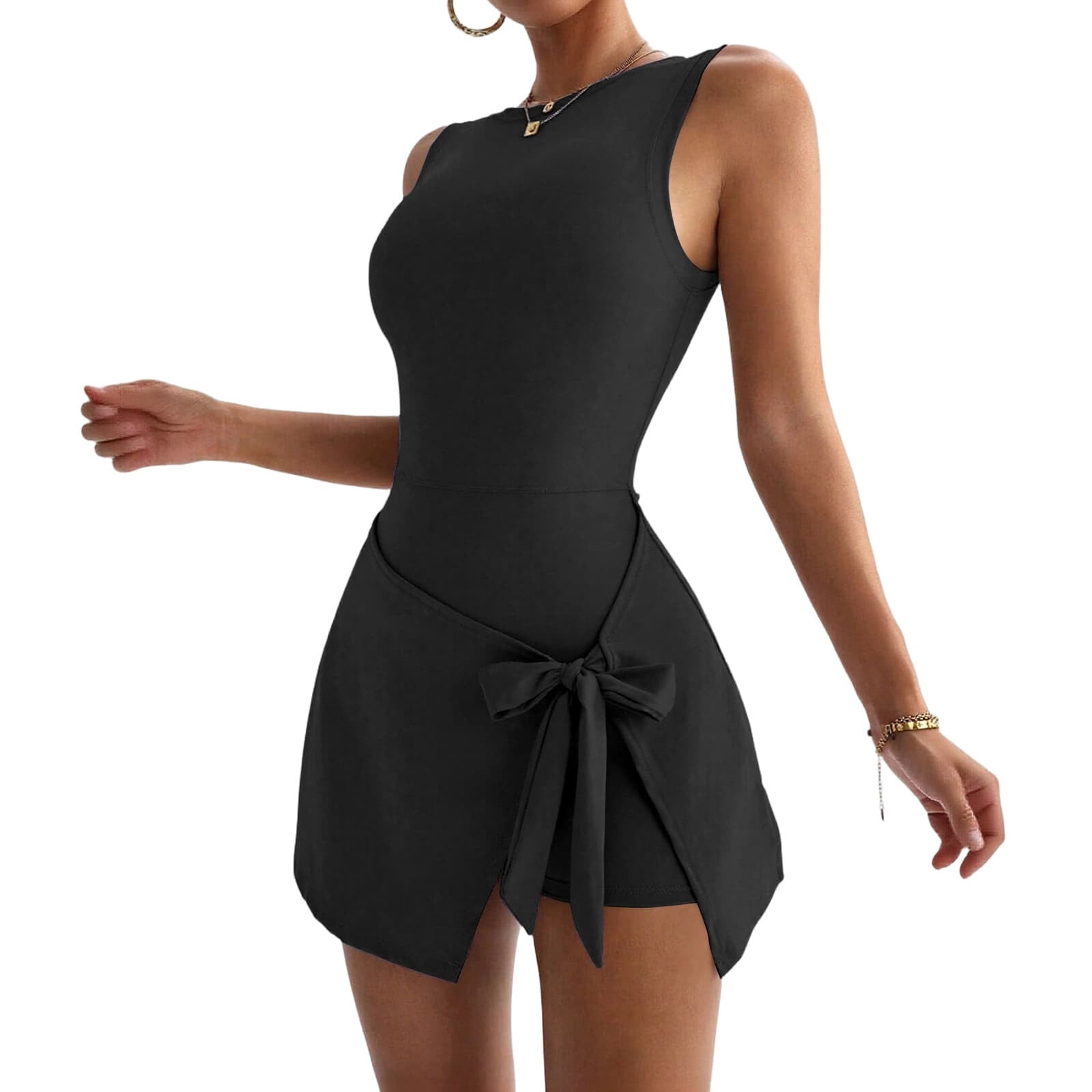 Miluxas Womens High Neck Tennis Dress Sleeveless Wrap Skirt Built in Shorts Golf Athletic Dress Workout Rompers Black