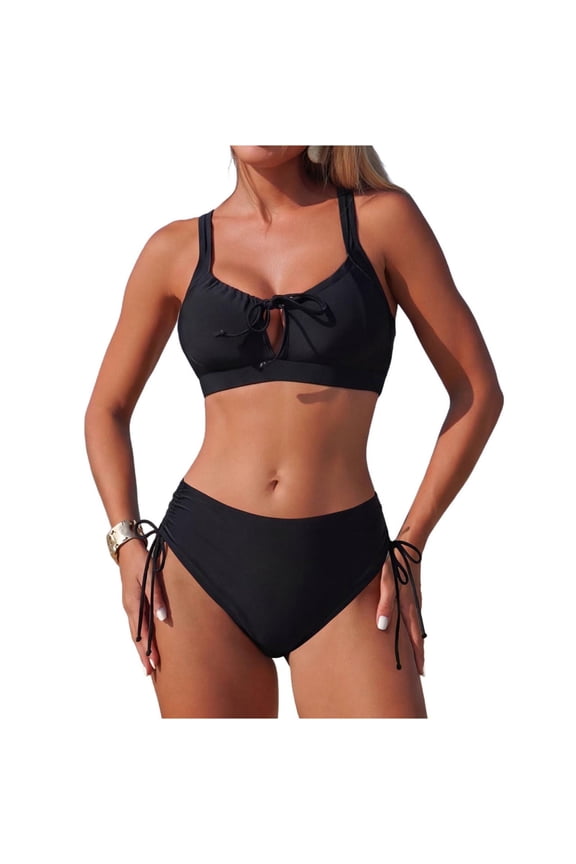 Womens High Waisted Bikini Sets Drawstring Tummy Control Swimsuits U Wired Tie Back Two Piece Bathing Suit Black M(M)