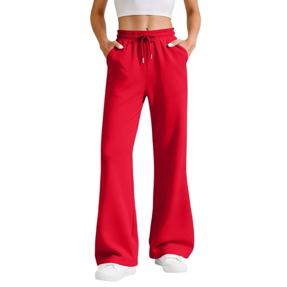 Miluxas Womens High Waisted Wide Leg Drawstring Flare Sweatpants Solid Casual Straight Leg Pants with Pockets Red M(M)