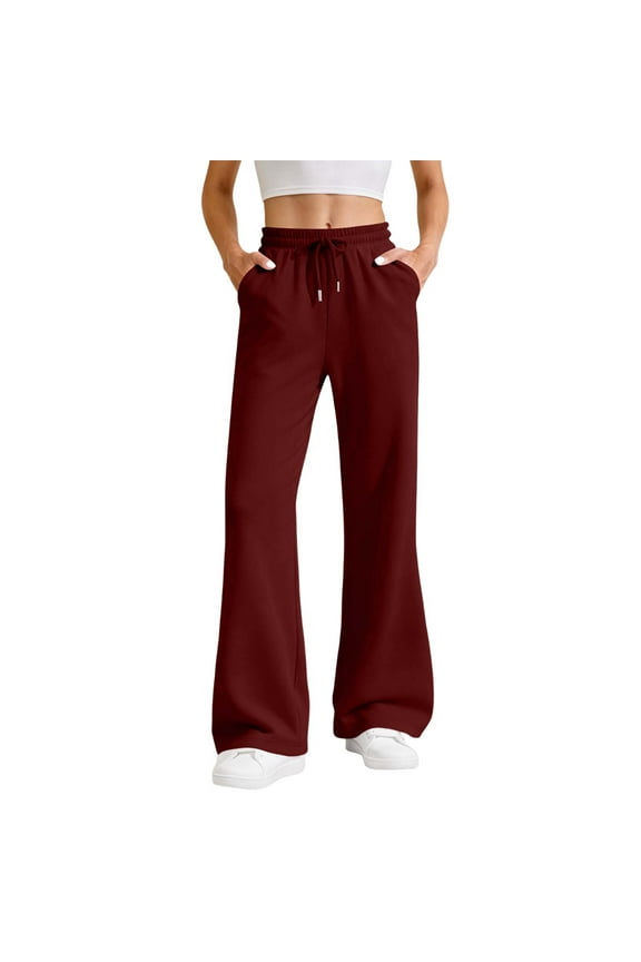Womens High Waisted Wide Leg Drawstring Flare Sweatpants Solid Casual Straight Leg Pants with Pockets Wine S(S)