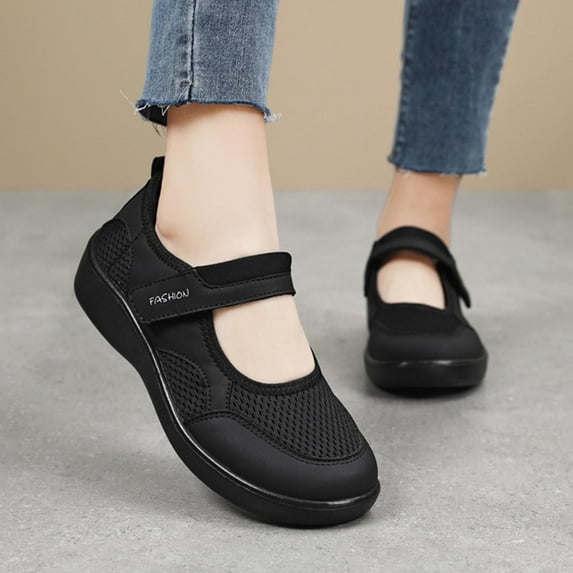 Miluxas Womens Hollow Out Granny Walk Shoes Breathable Soft-Soled Mary Jane Flats Dance Shoes Black 6.5(38)