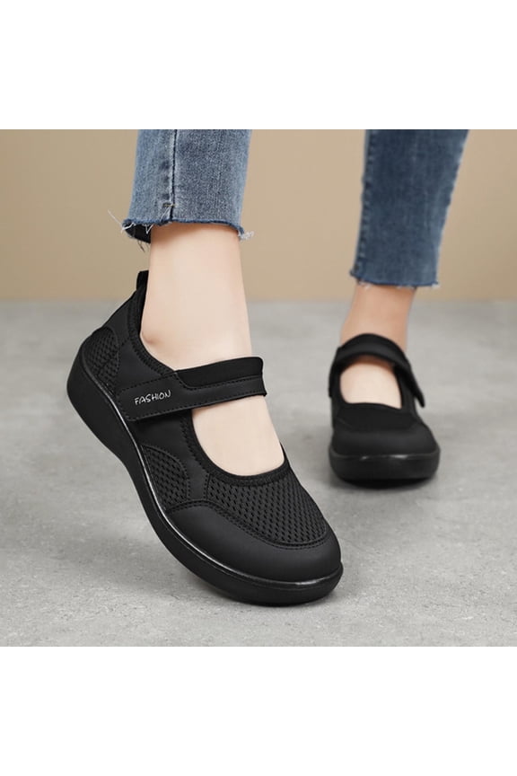 Womens Hollow Out Granny Walk Shoes Breathable Soft-Soled Mary Jane Flats Dance Shoes Black 8.5(41)
