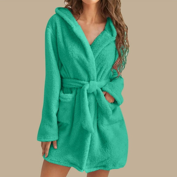 Miluxas Womens Hooded Fleece Robe, Soft Plush Bathrobe for Womens, Fluffy Cute Long House Coat Mint Green 10(XL)