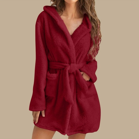 Miluxas Womens Hooded Fleece Robe, Soft Plush Bathrobe for Womens, Fluffy Cute Long House Coat Red 4(S)
