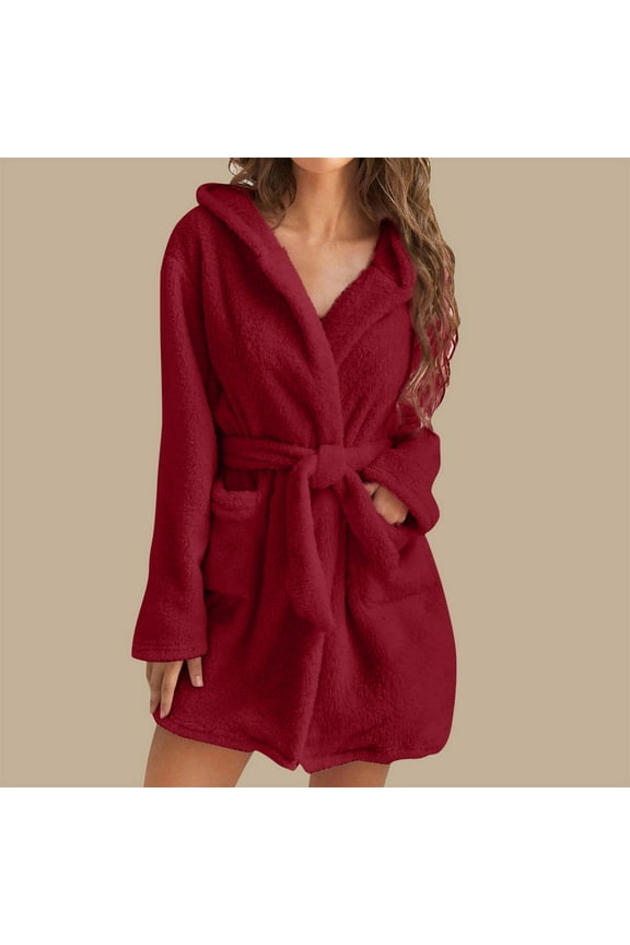 Womens Hooded Fleece Robe, Soft Plush Bathrobe for Womens, Fluffy Cute Long House Coat Red 4(S)
