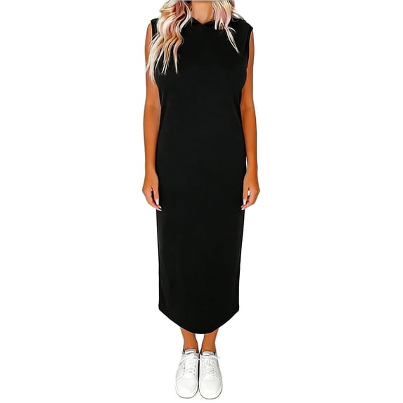 Miluxas Womens Hoodie Dress Solid Sleeveless Casual Loose Fit Dress Streetwalk Daily Outfits Black