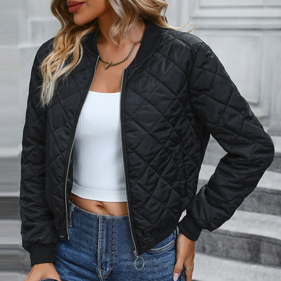 Miluxas Womens Jacket Plus Size Bomber Jackets Lightweight with Pockets Zip Up Quilted Casual Coat Outwear Black 8(L)