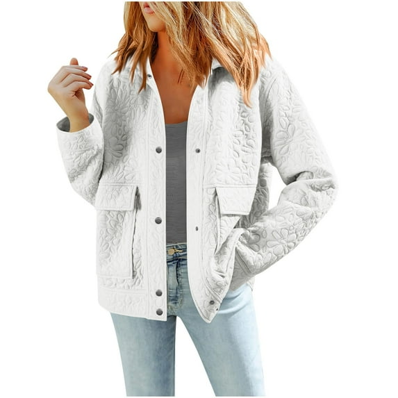 Miluxas Womens Jacquard Jackets Fall Fashion Button Lapel Long Sleeves Loose Comfy Casual Coat with Pockets White S(S)