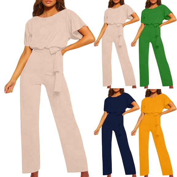 Miluxas Womens Jumpsuit Casual Romper Women's Fashion Solid Color Lace Up Button Short Sleeved Jumpsuit Yellow 10(XL)