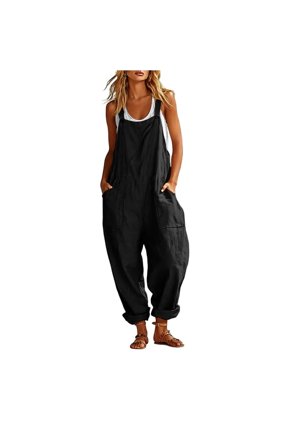 Womens Jumpsuit Sleeveless Casual Summer Overalls Jumpers Adjustable Strap Baggy Wide Leg Long Pants Rompers with Pockets Black