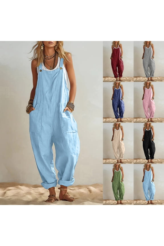 Womens Jumpsuit Sleeveless Casual Summer Overalls Jumpers Adjustable Strap Baggy Wide Leg Long Pants Rompers with Pockets Wine