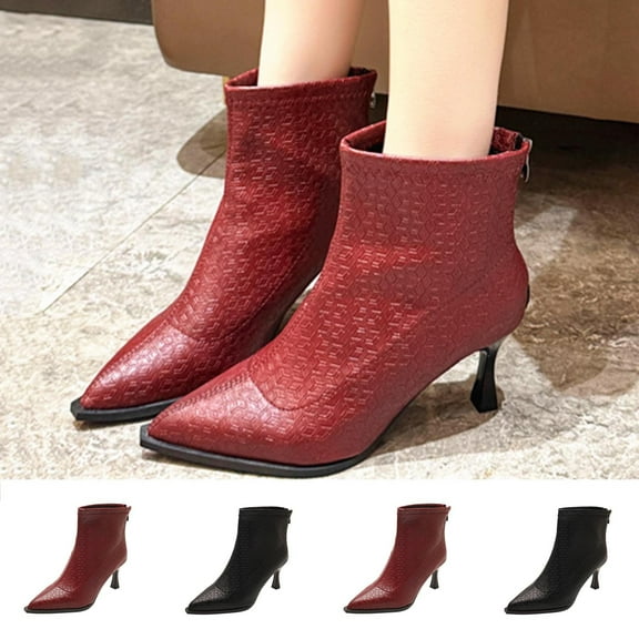 Miluxas Womens Kitten Heels Ankle Boots Pointy Toe Booties Mid Heels Zipper Work Party Dress Shoes Wine 9(42)