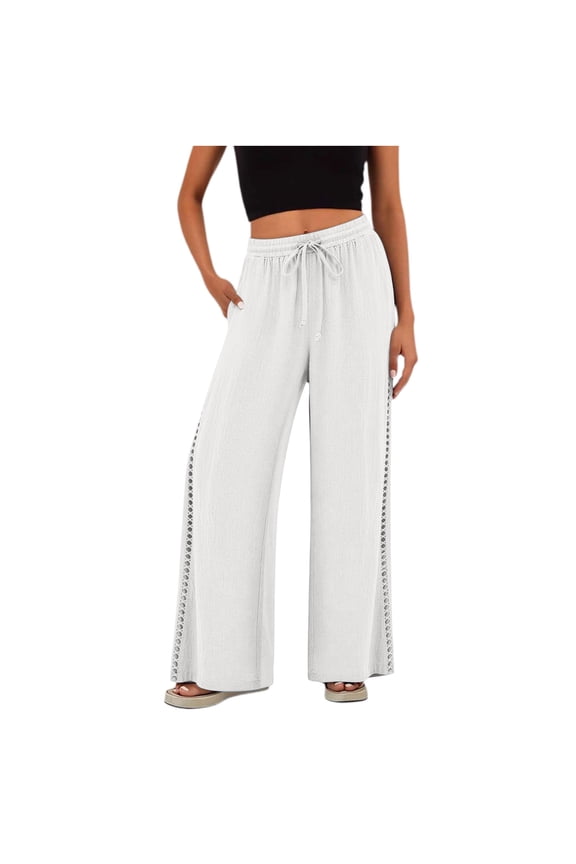 Womens Lace Trim Wide Leg Palazzo Pants Textured Drawstring Elastic Waist office Casual Trousers with Pockets & Side Crochet Details White