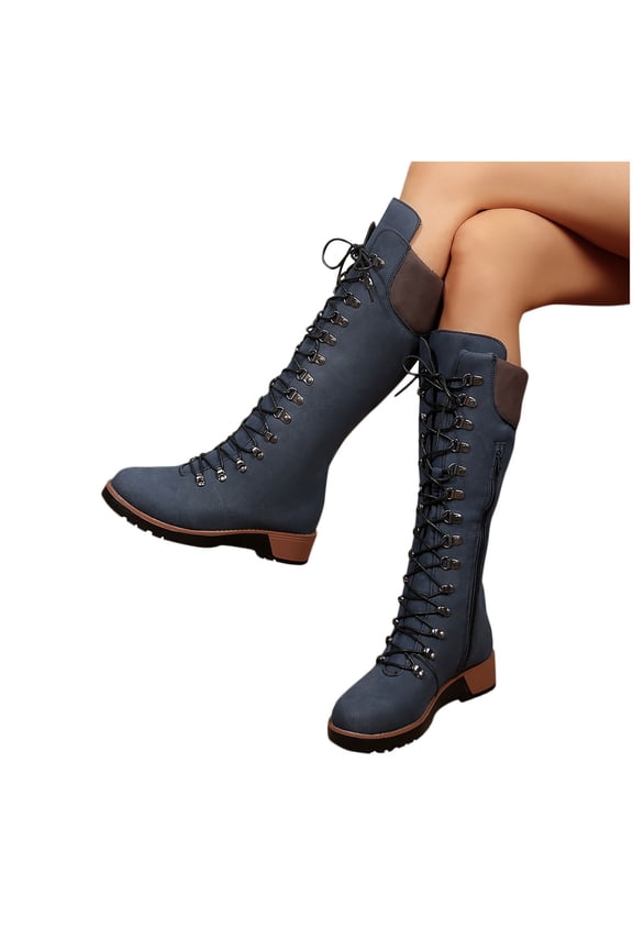 Womens Lace Up Knee High Boots Combat Chunky Low Heel Tall Boots Blue 5.5(36)