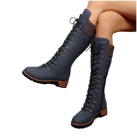 Miluxas Womens Lace Up Knee High Boots Combat Chunky Low Heel Tall ...
