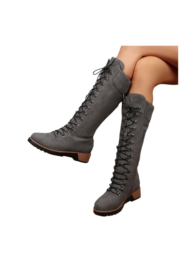 Womens Lace Up Knee High Boots Combat Chunky Low Heel Tall Boots Gray 9(42)