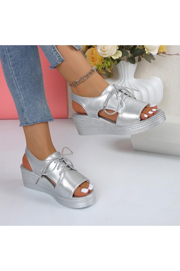 Womens Lace up Ankle Strap Open Toe Platform Wedge Sandals Comfortable Summer Shoes Silver 5.5(36)