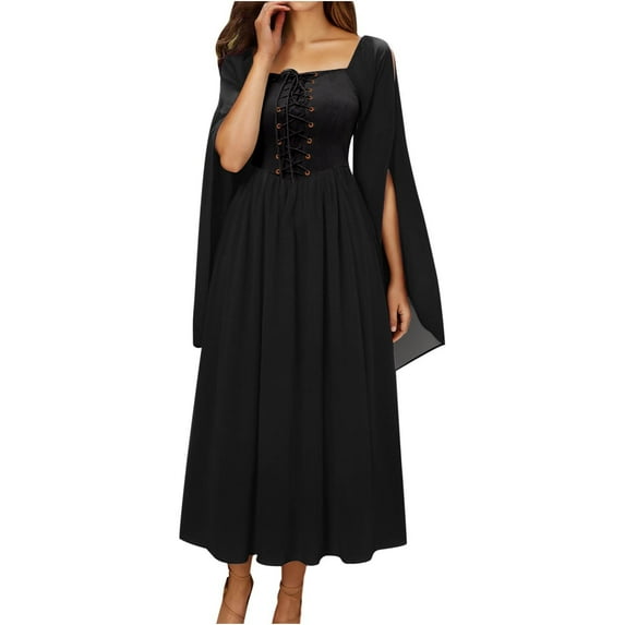 Miluxas Womens Lace up Dress Women Costume Split Bell Sleeve Double Layered High Low Dress Black XL(XL)