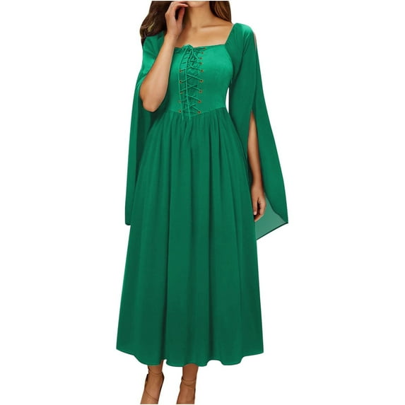 Miluxas Womens Lace up Dress Women Costume Split Bell Sleeve Double Layered High Low Dress Green S(S)