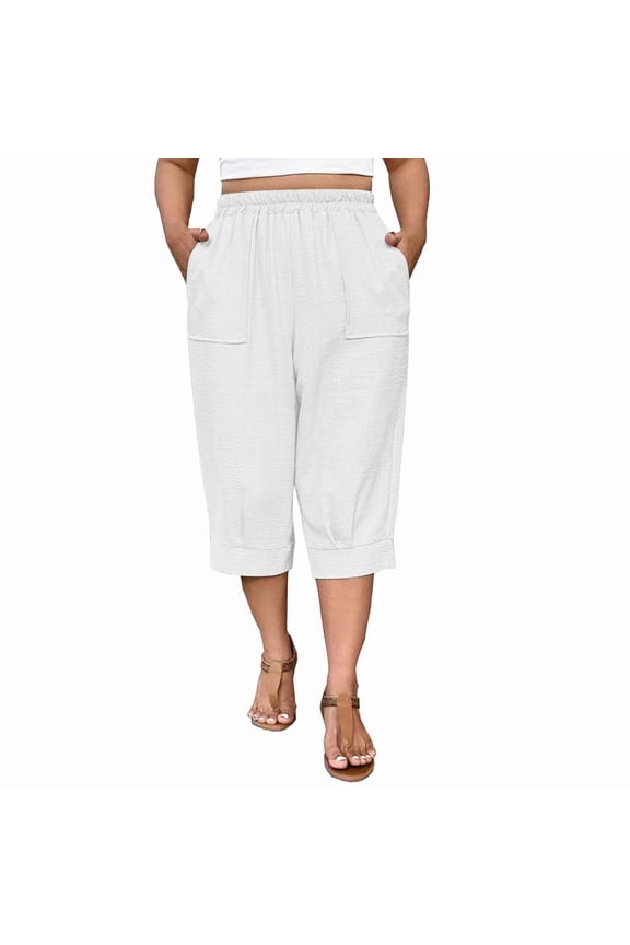 Womens Lantern Tapered Harem Pants Plus Size Slacks with Pockets Solid Color Loose Lounge Capri Pants White
