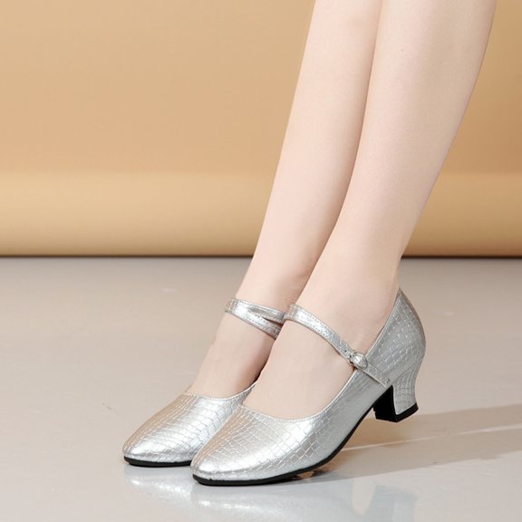Miluxas Womens Latin Ballroom Dance Shoes Pointed-Toe Ankle Strap Soft Sole Dancing Heels Mary Jane Shoe Silver 8.5(41)