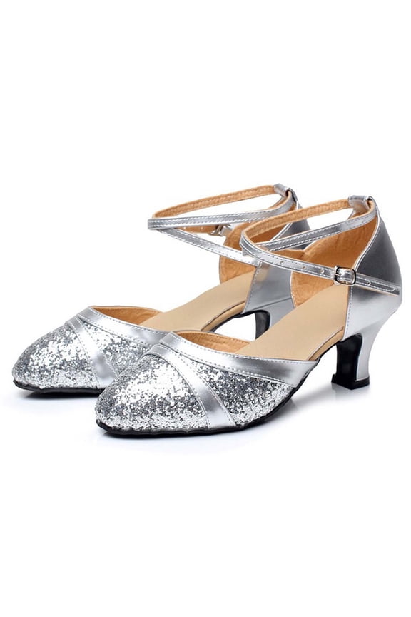 Womens Latin Dance Shoes Heeled Ballroom Salsa Tango Party Sequin Dance Shoes Silver 7(39)