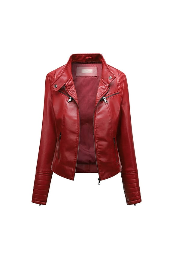 Womens Leather Jacket Fall Faux Suede Zip Up Motorcycle Biker Coat Outwear Red 14(XXXL)