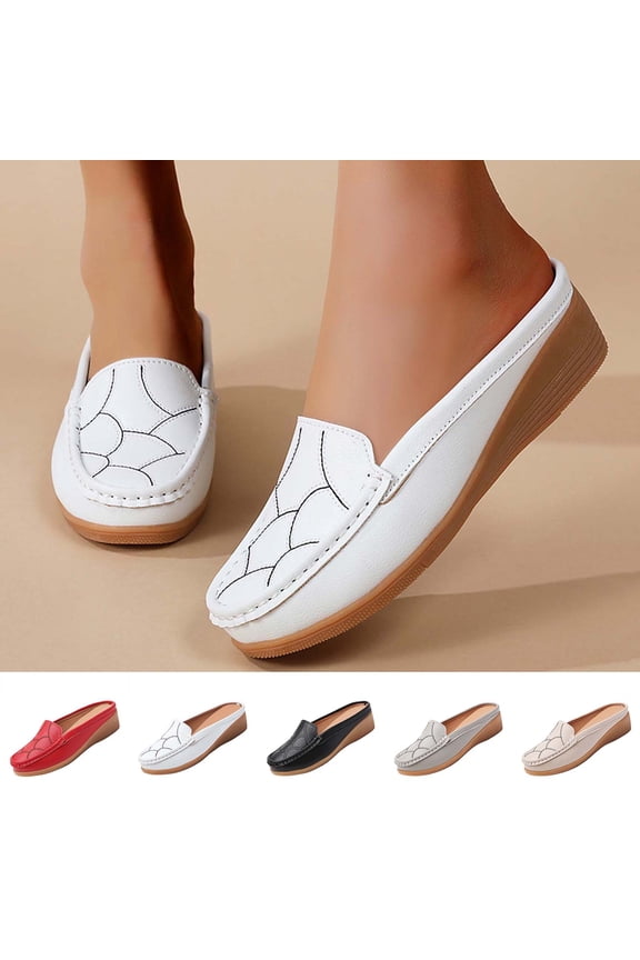 Womens Leather Slip-On Lightweight Flat Mules Closed Comfortable Soft Non-Slip Backless Penny Shoes for Daily Walking Outdoor White 9.5(43)