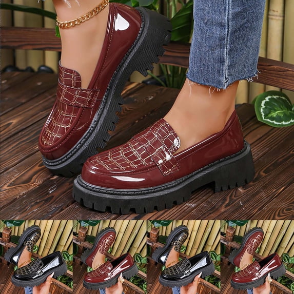 Miluxas Womens Loafers Comfortable Platform Penny Loafer Chunky Heel Business Casual Dress Shoes Patent Leather Women's Loafers & Slip-ons Wine 9(42)