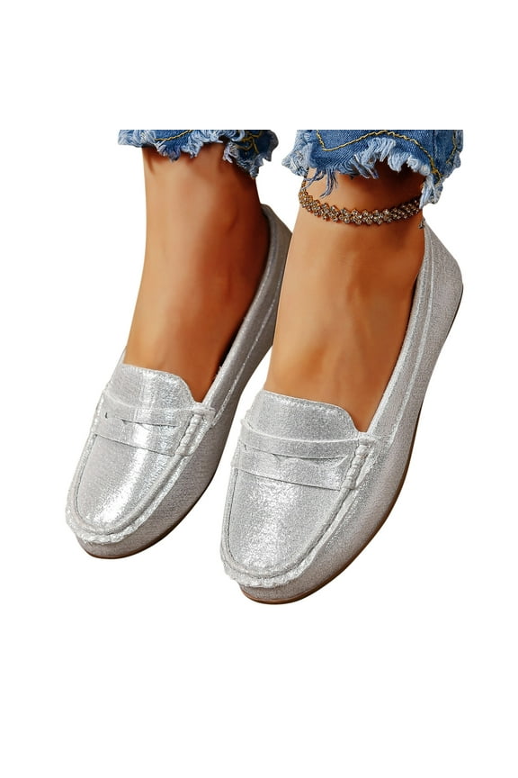 Womens Loafers Shoes Casual: Slip on Flats Comfortable Ladies Dress Driving Walking Penny Shoe Silver 7.5(40)