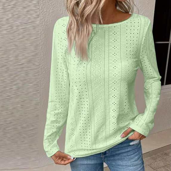 Miluxas Womens Long Sleeve Blouse Clearance Eyelet Tops Dressy V Neck Shirts Tunic Tops Green 4(S)