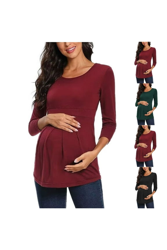 Womens Long Sleeve Maternity Tops Crewneck Pregnancy Basic Shirts Soft Athletic Yoga Casual Tee Shirt Red 10(XL)