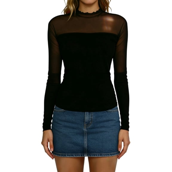 Miluxas Womens Long Sleeve Mesh Tops Mock Neck See Through Lace Shirts Sheer Going Out Fall Outfits Black XL(XL)