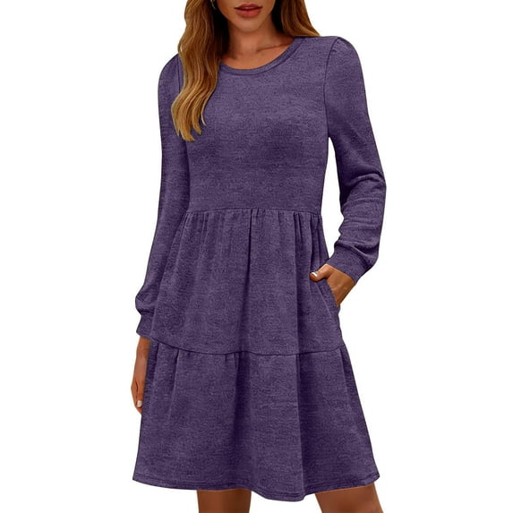 Miluxas Womens Long Sleeve Mini Dress Casual Round Neck Ruffle Dresses Slim Fit Spring Fall Dresses with Pockets Purple