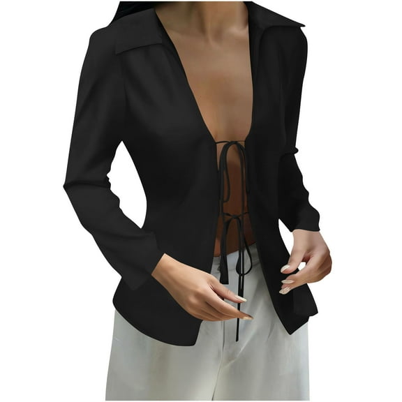 Miluxas Womens Long Sleeve Open Front Solid Color Casual Silk Lace up Cardigan Outwear Black L(L)