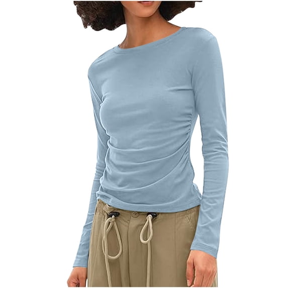 Miluxas Womens Long Sleeve Shirts Basic Spring Crop Tops Fall Fashion Layering Slim Fitted Y2k Tops