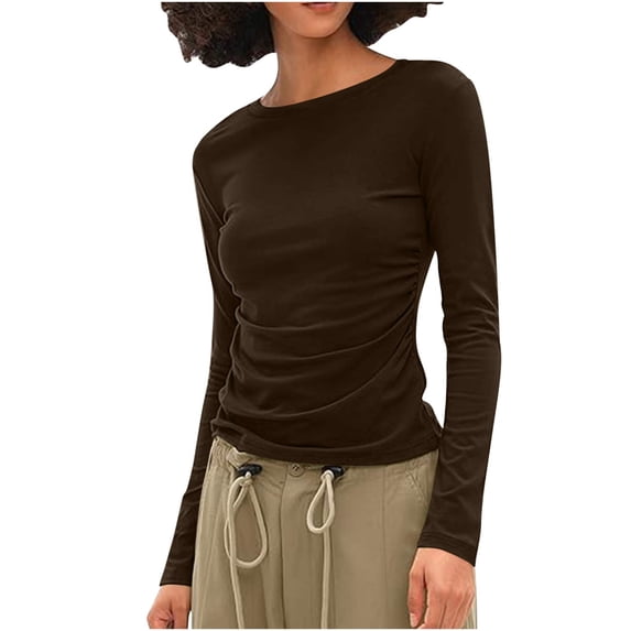 Miluxas Womens Long Sleeve Shirts Basic Spring Crop Tops Fall Fashion Layering Slim Fitted Y2k Tops