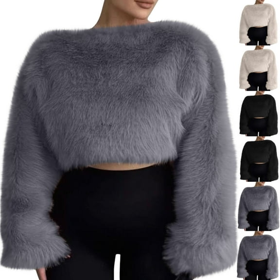 Miluxas Womens Long Sleeve Shirts Pure Color Casual Round Neck Plush Tops Winter Trendy Shirts White S(S)