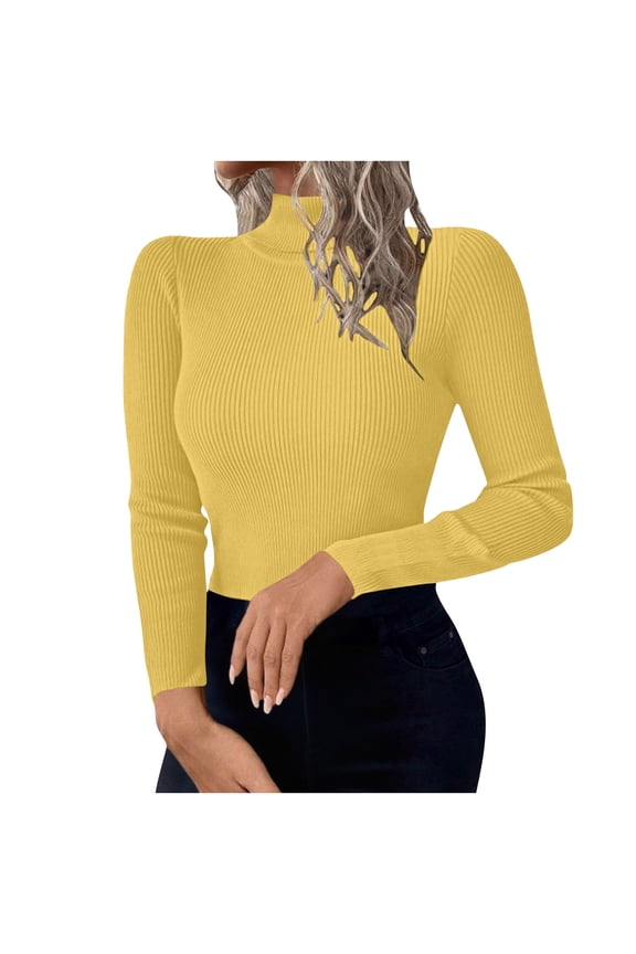 Womens Long Sleeve Shirts Turtleneck Ribbed Knit Slim Fit Lightweight Sweater Fall Dressy Casual Travel Work Tops Yellow M(M)