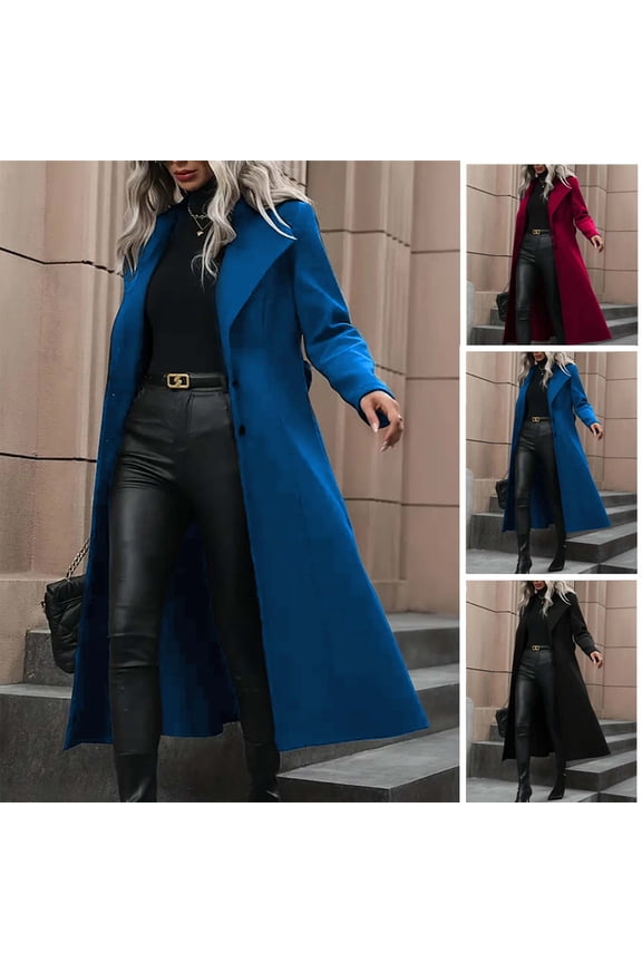 Womens Long Wool Coat Solid Color Long Sleeve Lapel Single Breasted Trench Coat Fall Winter Fashion Warm Clothes Red XL(XL)