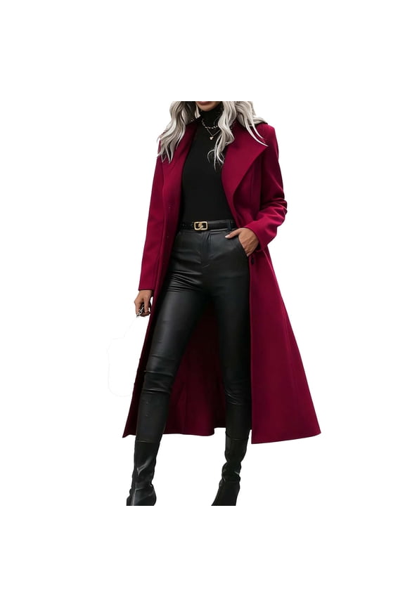 Womens Long Wool Coat Solid Color Long Sleeve Lapel Single Breasted Trench Coat Fall Winter Fashion Warm Clothes Red XXL(XXL)