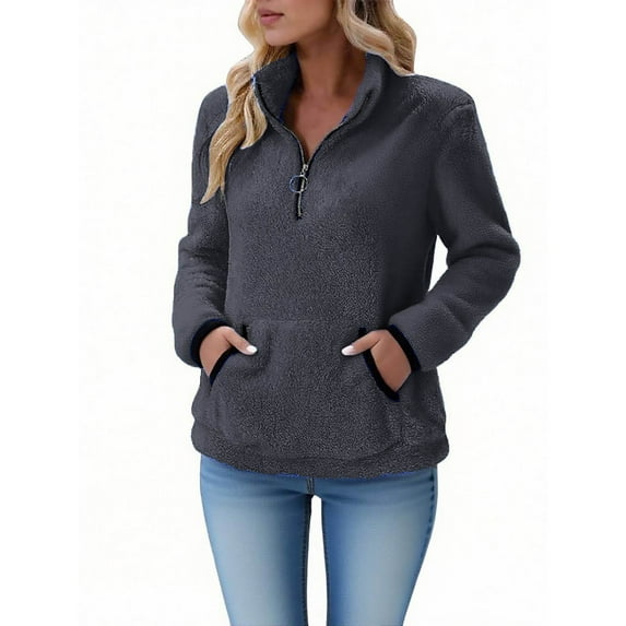 Miluxas Womens Loose Casual Solid Color Zipper Fleece Pockets Stand Collar Pullover Sweatshirt for Women Dark Gray L(L)
